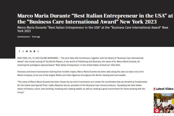 Marco Maria Durante “Best Italian Entrepreneur in the USA” at the “Business Care International Award” New York 2023