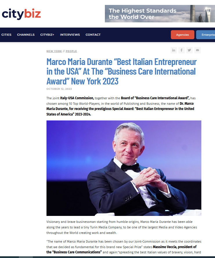Marco Maria Durante “Best Italian Entrepreneur in the USA” At The “Business Care International Award” New York 2023